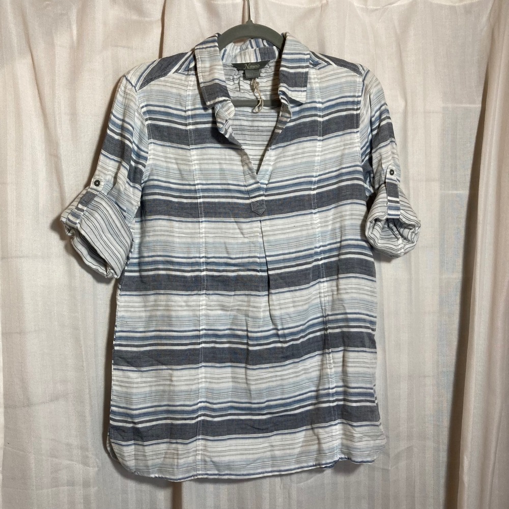 Natural Reflections Striped Cotton Blend Henley Tunic Shirt Womens S Blue White